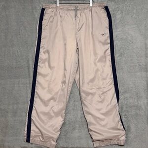Nike Y2K Nylon Track Pants Mens XXL Beige Navy Swoosh Lined VTG Baggy Wide Leg